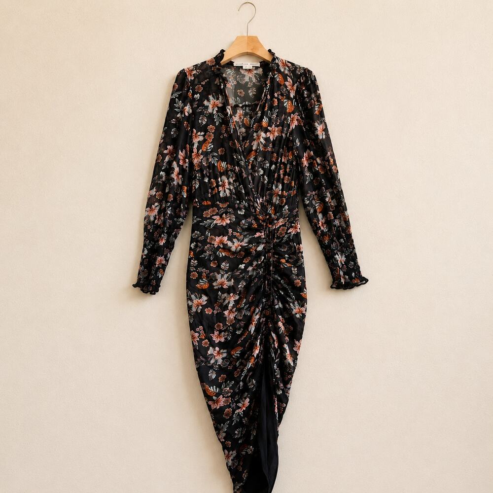 Veronica Beard Shaia Floral Crepe Midi Dress Ruched Long Sleeve Size 2 Romantic
